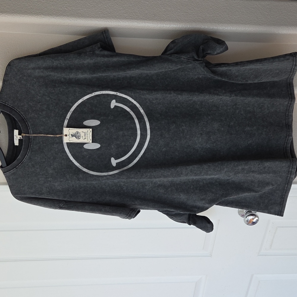 NWT EASEL Los Angeles Smiley Face Mineral Wash Cotton Dress Charcoal Grey Size M